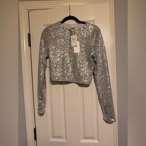 Good American Metallic Silver Sequin Cardigan  Top